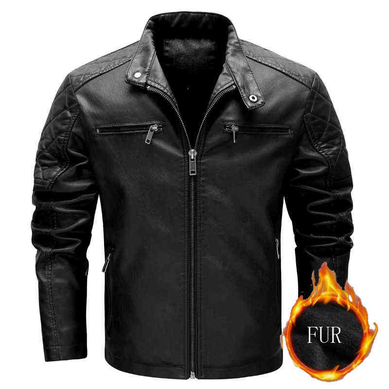 Autumn/Winter Fleece Motorcycle Leather Jacket Full Zip Faux-Leather Men's Coat Brown Vintage Plus Size Slim Mens Wear Jacket 211111