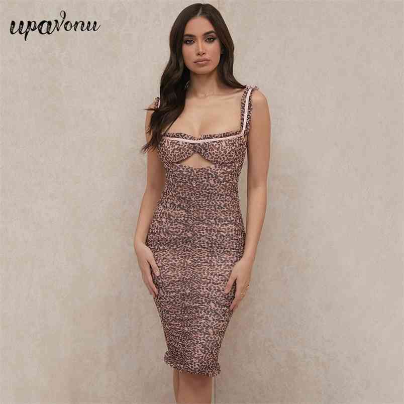 Free Sexy Pink Leopard Print Bandage Dress Women's Sling Sleeveless Hollow Bodycon Draped Club Party Vestido 210524