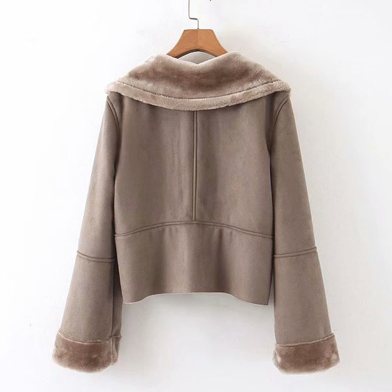 Buckskin Lapel Long Sleeve Zipper PU Women's Jacket Winter Solid Color Lapel Warm Locomotive Female Coat Pocket Harajuku 210507