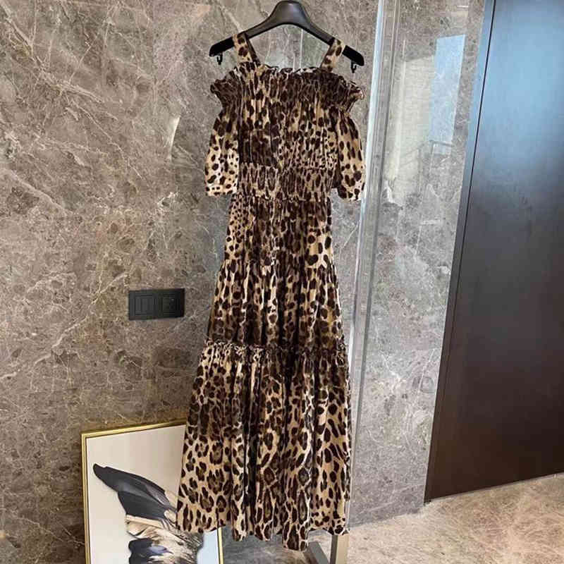 Leopard Print Sling Dress For Women Square Collar Short Sleeve High Waist Sexy Midi Dresses Female Summer 210520