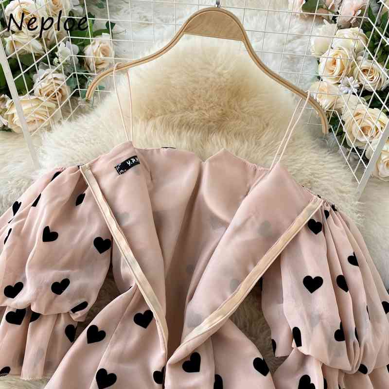 Neploe Sexy Shoulder Strapless Love Heart Print Dresses Sweet Ruffles Patchwork Mini Dress Women Puff Sleeve Zip Camis Vestidos 210422