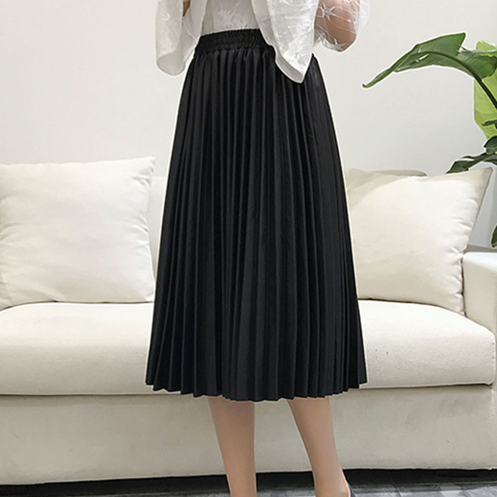 Women Autumn PU Leather Pleated Skirt Elastic High Waist All-match Female Skirts Streetwear Chic Womens Bottoms 210428