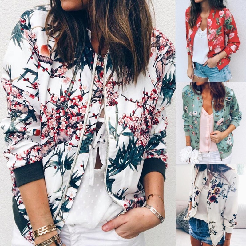 Floral Print Zipper Casual Jacket Women Spring Summer Long Sleeve Loose Bomber Jacket Coat O Neck Fashion Tops Outerwear 210419