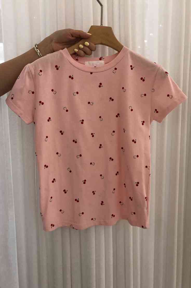 Summer Sweet Cotton Pink O Neck Short Sleeve Cherry Print Tshirts Women Wild Tops & Tees Clothes Fashion Chic Basic Simple 210429