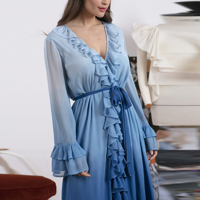 Women Dress Patchwork Chiffon Ruffles Long Sleeve High Waist Blue Vintage es Plus Size Bohemian Beach es 210524