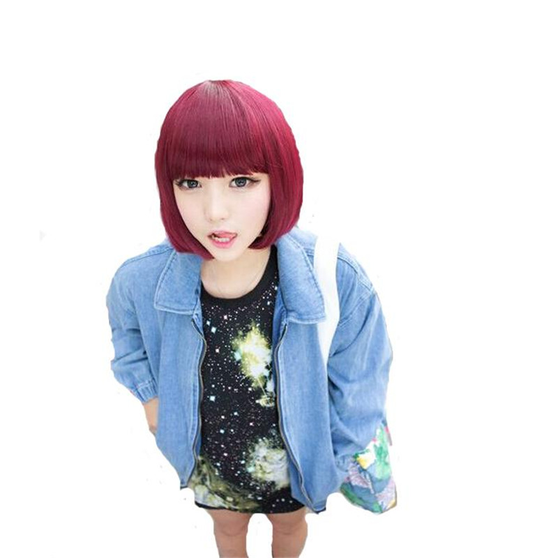 short straight wig women bob burgundy heat resistant fiber hair natural synthetic wigs with bangs cosplay