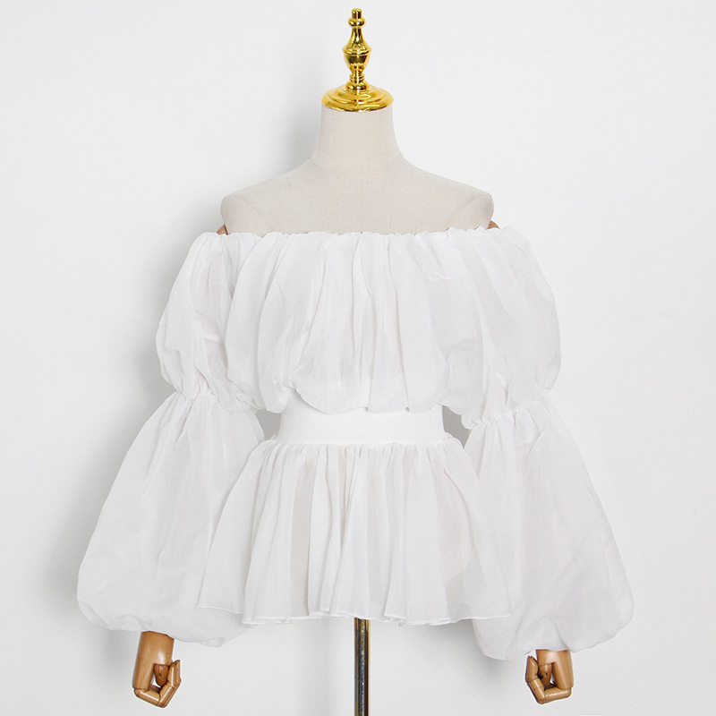 Chic Fashion Slash Neck Lantern Sleeve Shirts Women Elegant Temperament Office Lady Blouses Spring Solid Pleated Tops 210525