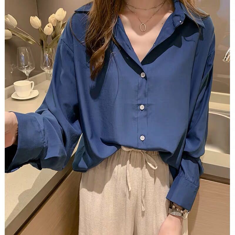 Spring and Summer Women Shirt Korean Style Loose Lazy Tops Solid Turn Down Collar Long Sleeve Feminine 9358 210421
