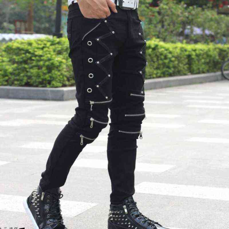 Idopy Arrival Spring Fashion Mens Punk Skinny Pants For Man Cool Cotton Casual Pants Zipper Slim Fit Black Goth Trousers 211120