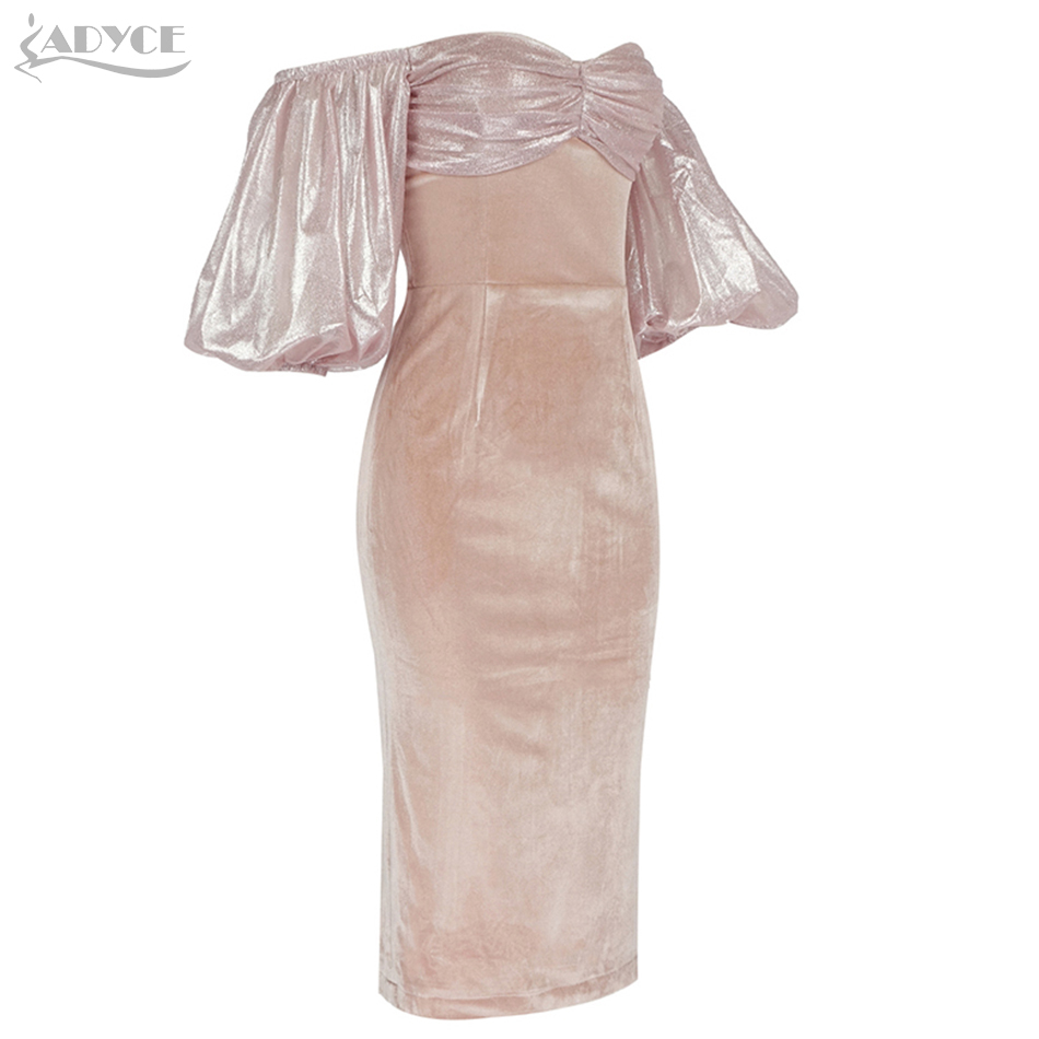 Summer Women Pink Off Shoulder Midi Dress Sexy Short Lantern Sleeve Celebrity Evening Runway Club Party Dresses 210423