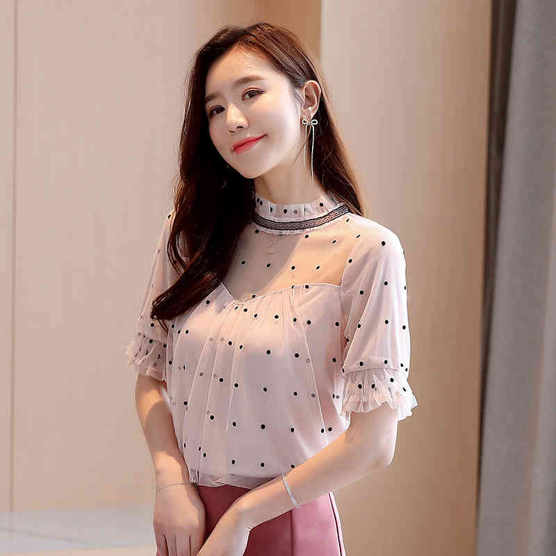 Korean Fashion Clothing Short Sleeve Polka Dot Summer Tops Blusas Mujer De Moda Mesh Chiffon Blosue Women Clothes 8852 50 210506