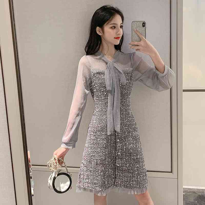 Autumn And Winter Sexy See-Through Mesh Tweed Dress Ribbon Bow Single-Breasted Long Sleeve Chic 210520