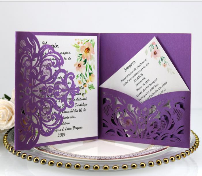 2021 Affordable Pink Wedding Invites Laser Cut Pocket Wedding Invitation Suites Customized Invites with RSVP Card and Envelope by DHL