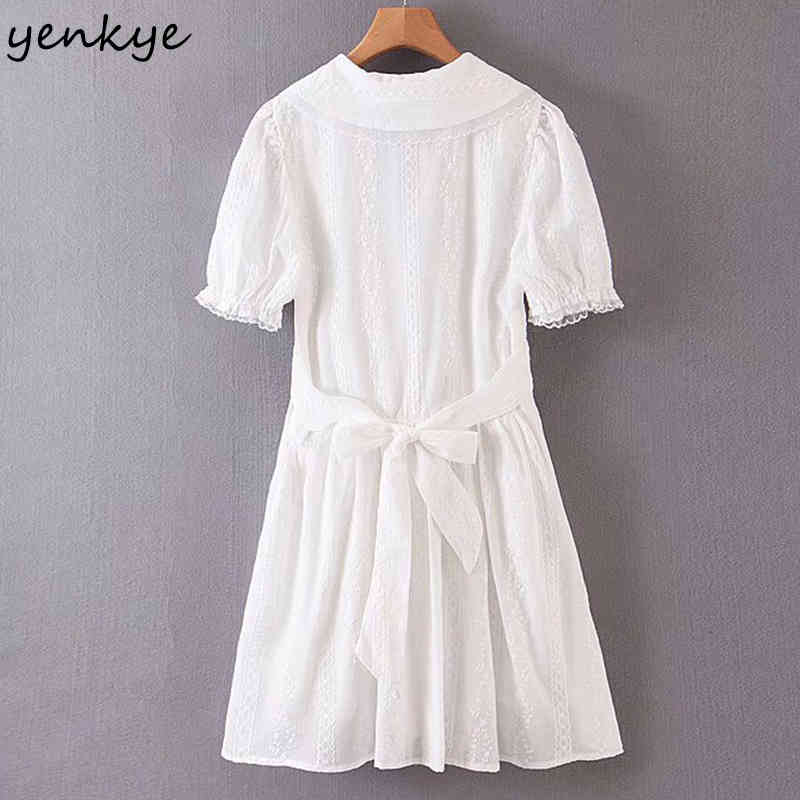 YENKYE Summer Dress Sweet Women Sexy Lace Trims White Dress Female Peter Pan Collar Short Sleeve Sashes A-line Mini Vestido 210515
