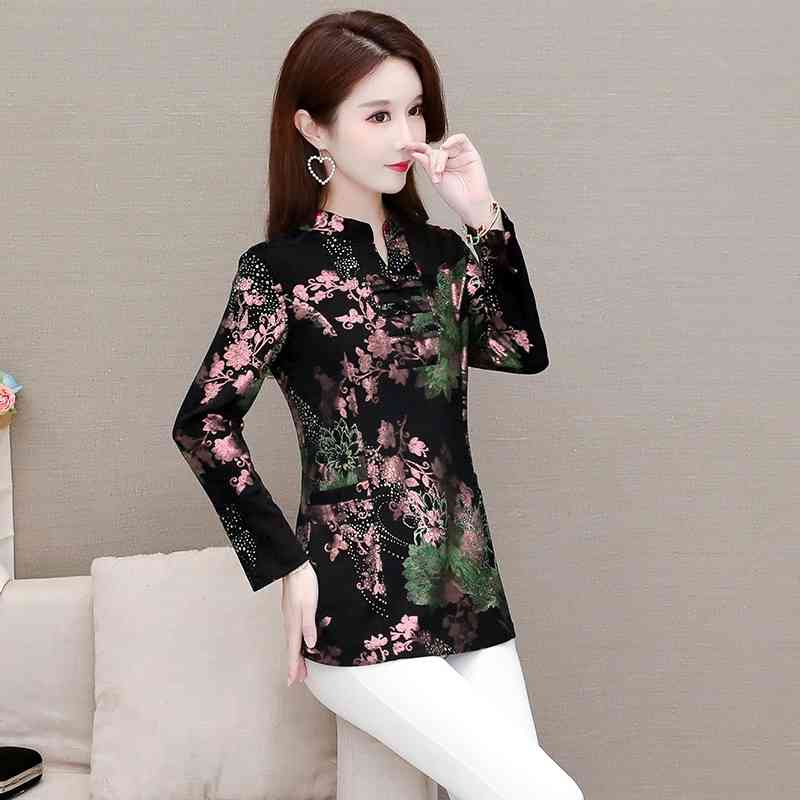 Chinese Style Cheongsam Button Autumn Bronzing Vintage Fashion Long Sleeve Bottoming Shirt Middle-aged Women 605G 210420