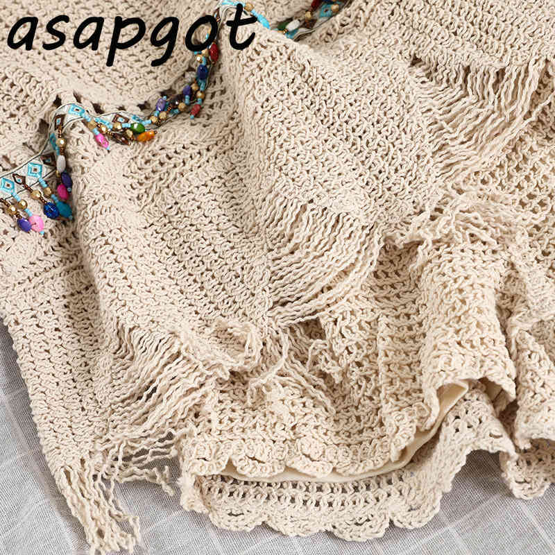 Fashion Matching Sets Vintage V Neck Sleeveless Hollow Out Tassel Camisole Tops Short + Wide Leg Shorts Casual Indie Folk 210429