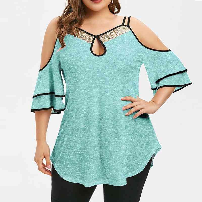 Womens Tops and Blouses Summer Sexy Off Shoulder Top Casual Half Sleeve Blouse Women Patchwork Sequin Shirt Blusa Plus Size T200720