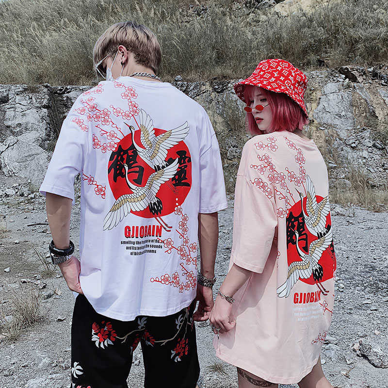 2019 Summer High Quality Crane Sakura Flower Print Short Sleeve Shirt Couple Casual Oversized Cotton Harajuku T-Shirt Tee Male X0628
