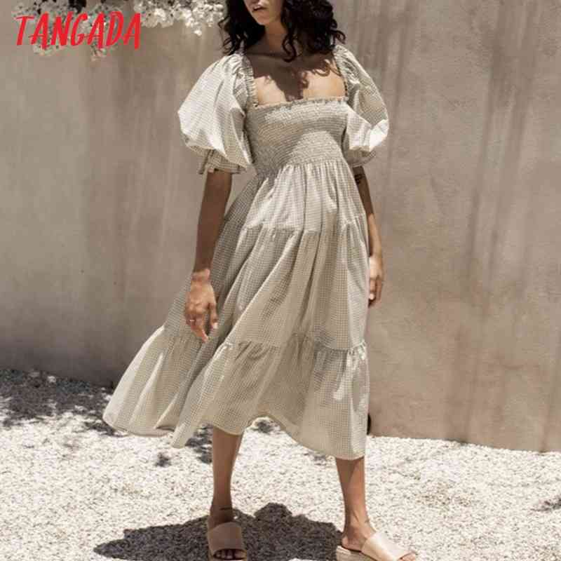 Fashion Women Green Plaid Print Summer Vintage Puff Short Sleeve Back Bow Ladies Midi Dress 8M19 210416