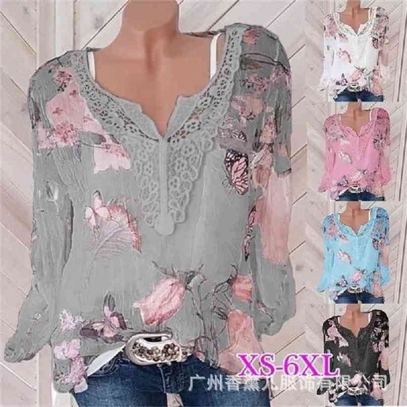Large size loose chiffon women blouse summer blouses lace top fashion casual V-neck long sleeve shirt 210719, Gray
Large size loose chiffon women blouse summer blouses lace top fashion casual V-neck long sleeve shirt 210719, Gray