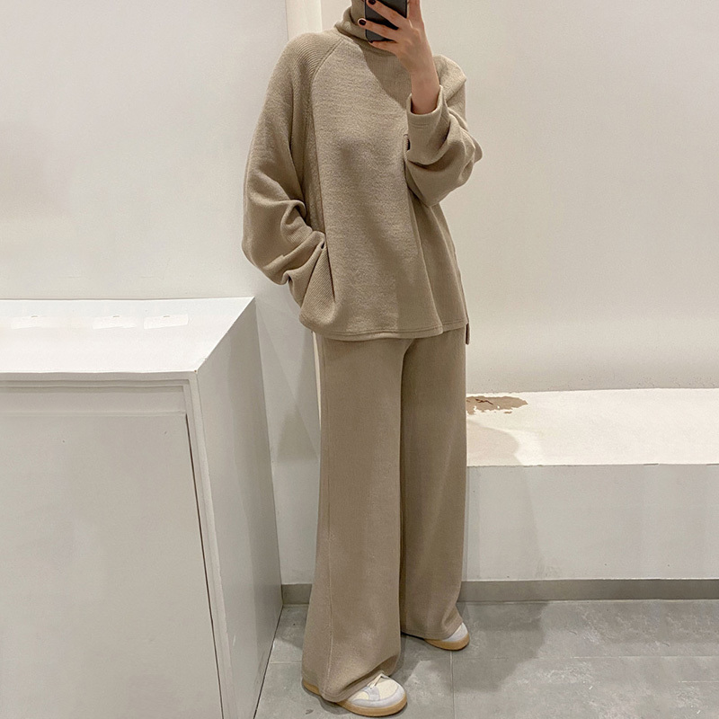 Nomikuma Korean Causal Knitted Two Pieces Sets Turtleneck Long Sleeve Sweater + Stretch Waist Wide Leg Long Pants Suits 6D457 210427