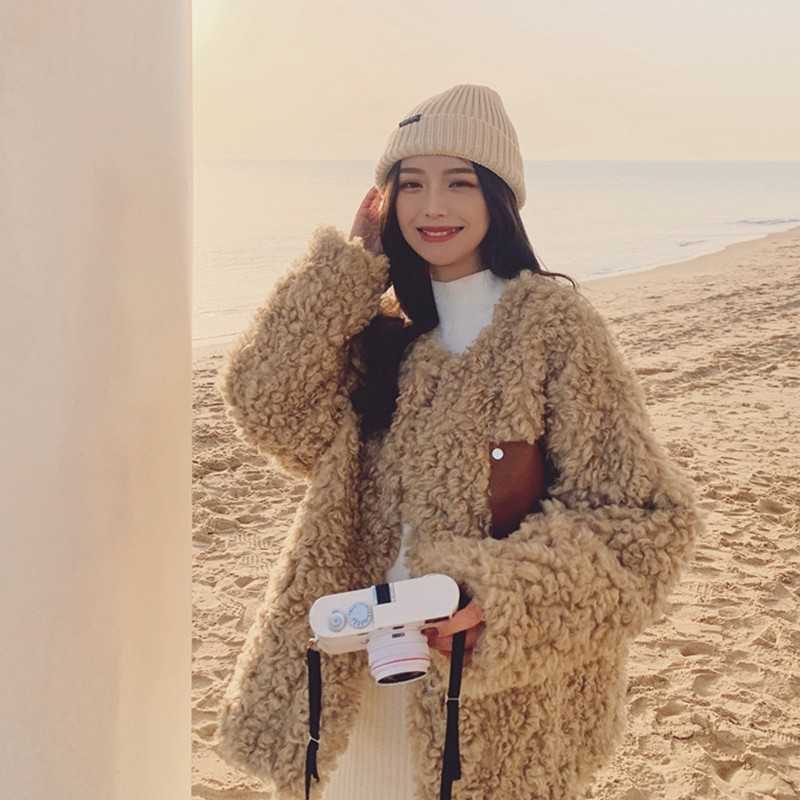 Yedinas Winter Faux Fur Coat Women Casual Warm Jacket Plush Teddy Female Pocket Overcoat Elegant Outwear 210527