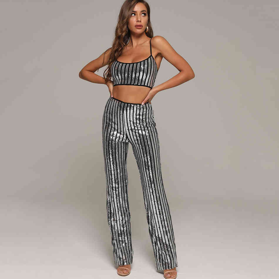 Free Fashion Women's Suit Sequined Spaghetti Strap Sleeveless Short Tank Top & Pants 2 Two Piece Set 210524