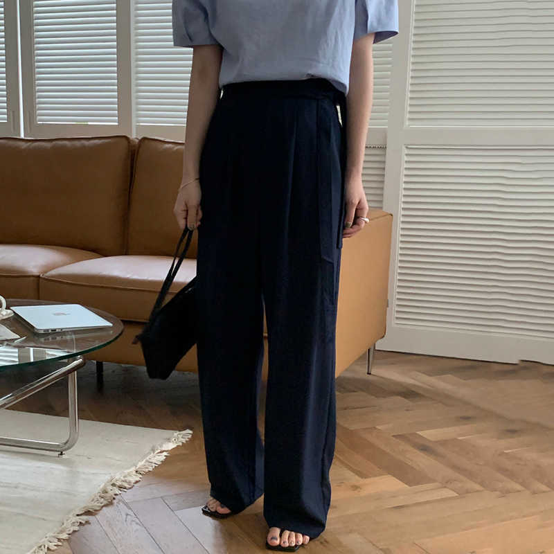 Korejpaa Women Pants Summer Korean Chic Simple Versatile High-Waisted Side-Tied Wide Loose Drape Wide-Leg Suit Casual Pant 210526