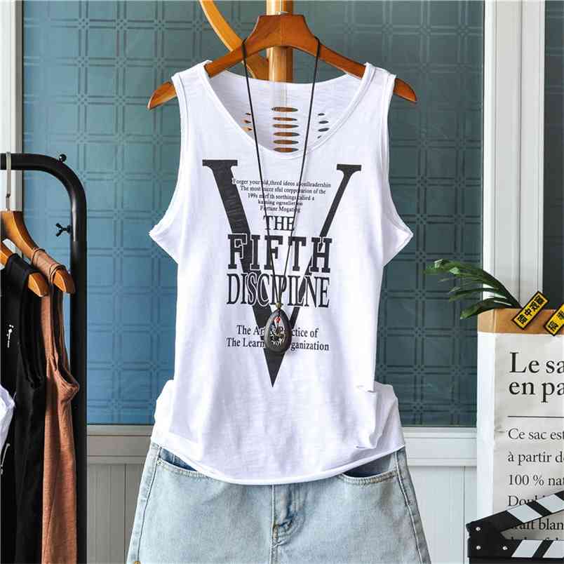 Arrival Summer Korea Fashion Women Sleeveless Loose V Neck Top Back Hole 100 Cotton Letter Print Casual Tank Tops M35 210512