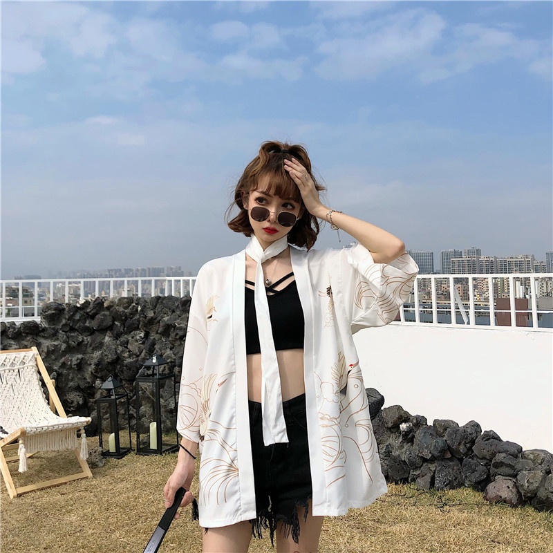 Japanese Kimono Women Harajuku Shirts Embroided Blouses Loose Casual Tops Cosplay With Belt 210519