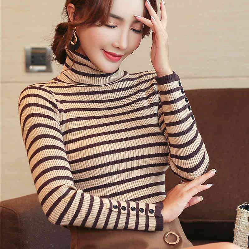 Womens Sweaters Winter Ladies Tops For Women Turtleneck Sweater Pullovers Computer Knitted Striped Korean 6354 90 210415