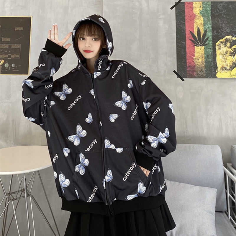 Summer Harajuku Butterfly Hoodie With Zipper Women Sweatshirt Spring Oversized Hoodies Outerwear Plus Size 210910