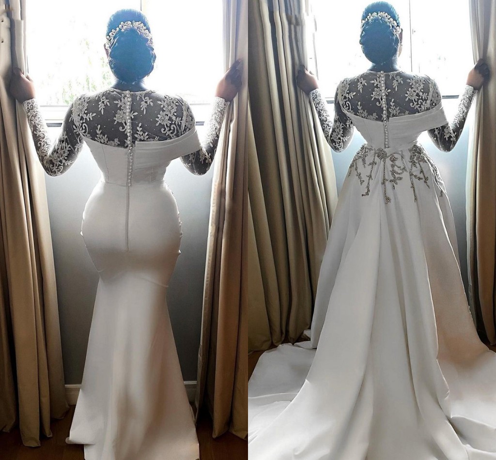African aso ebi Mermaid Wedding Dresses 2022 Elegant Beaded Lace Top Long Sleeves Bridal Wedding Gowns With Detachable Train