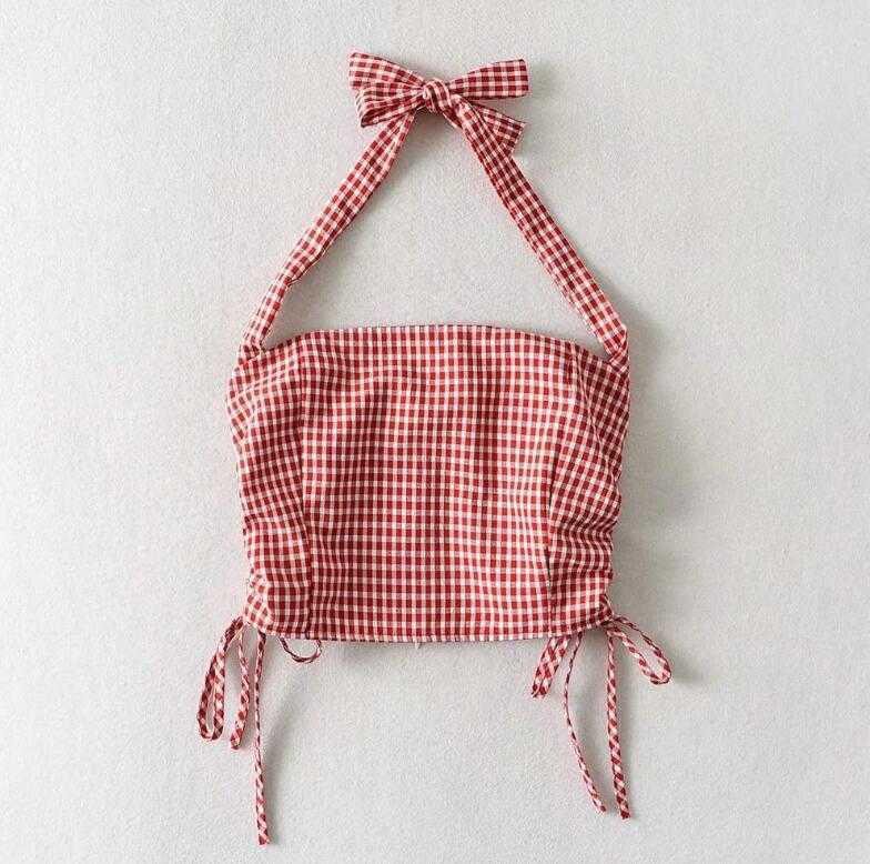 Harajuku Sexy Check Plaid Crop Tops Women Elastic Halter Slash Neck Drawstring Tops 210625