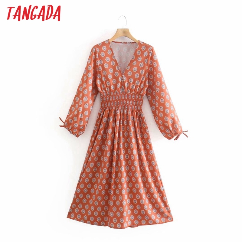 Fashion Women Vintage Flowers Print V Neck Sleeve Casual Female Long Dress XN309 210416