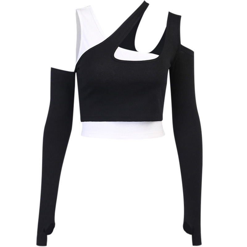 Asymmetrical Collar Streetwear Color Contrast Twopiece Open Navel Female Belt Vest Cover Sping And Summer GX822 210428