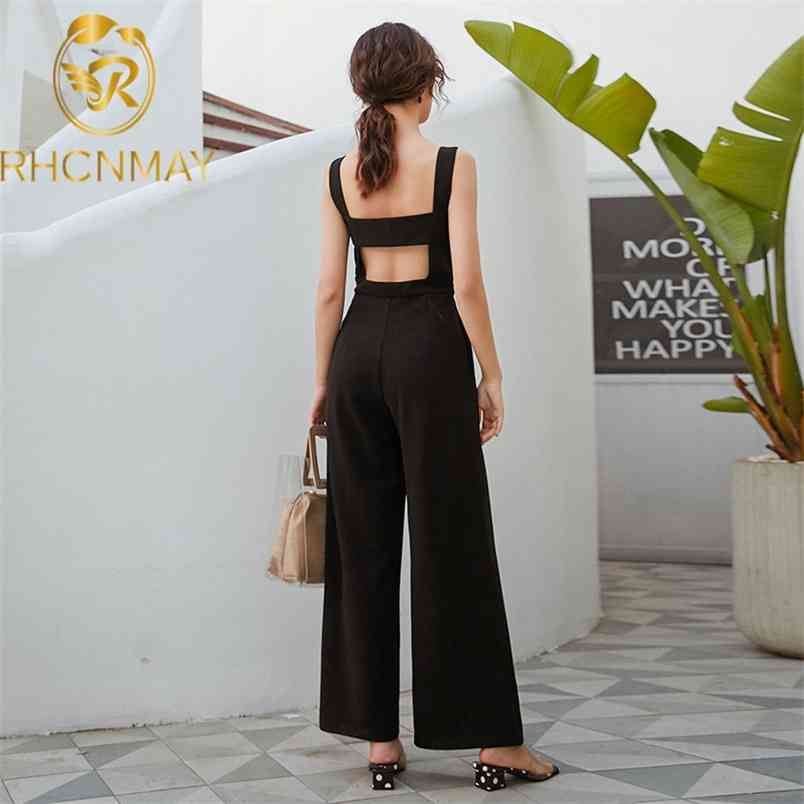 Sexy Backless Jumpsuits Women Sleeveless Spaghetti Strap Pocket Black Playsuit Female Long Pants Plus Size OL Fashion Ropa Mujer 210506
