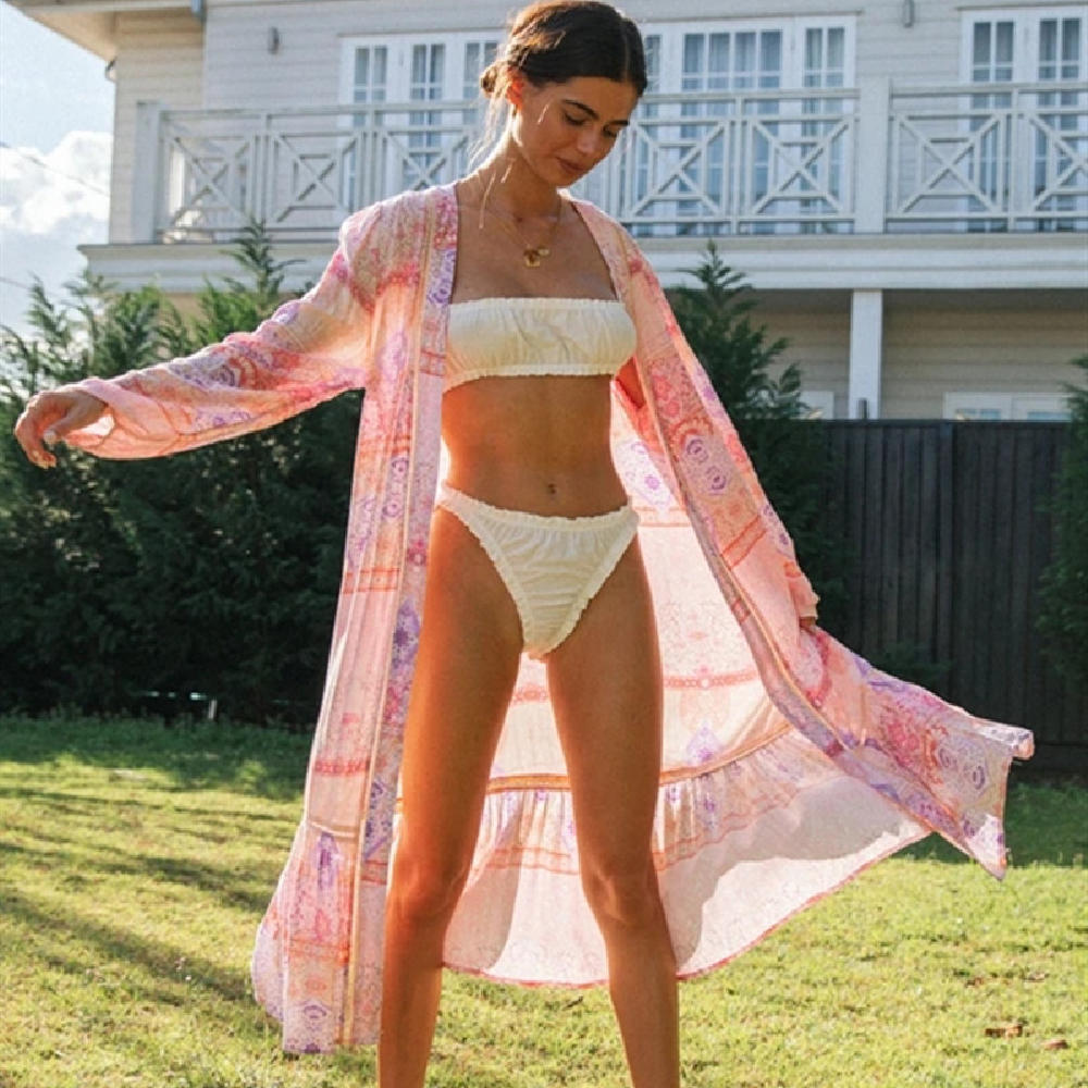 Pink Bikini Cover-ups Boho Floral Print Long Kimono Dress Plus Size Women Summer Beach Wear Swim Suit Cover Up A771 210420