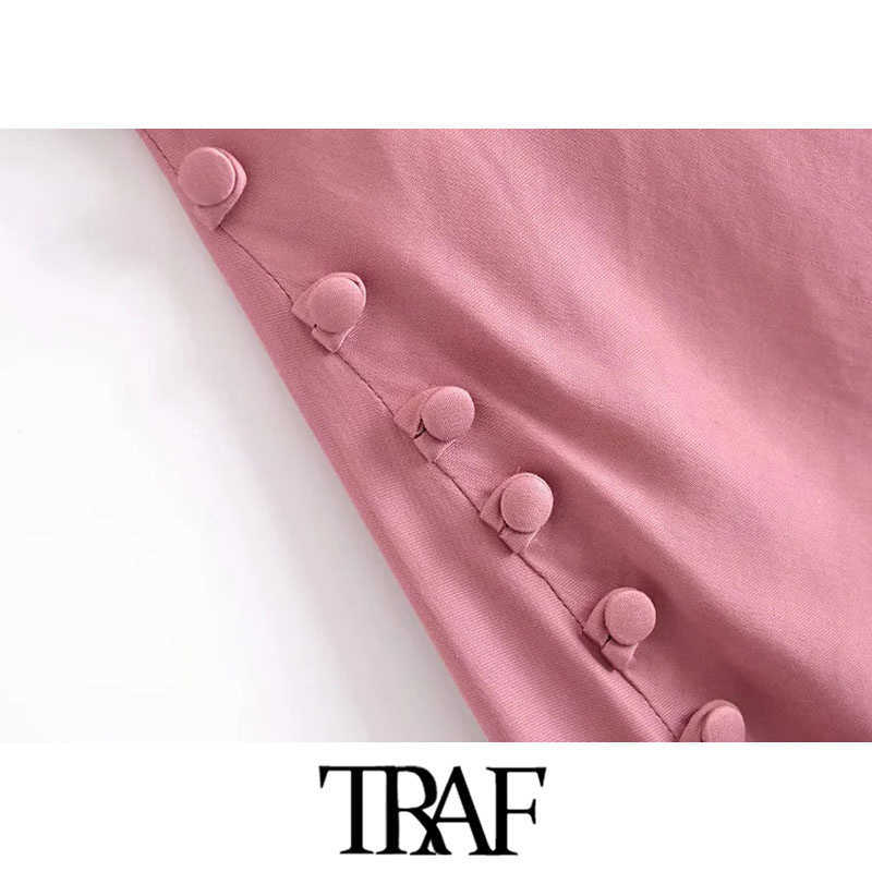 TRAF Women Chic Fashion With Buttons Side Slit Midi Camisole Dress Vintage Backless Thin Straps Female Dresses Mujer 210630