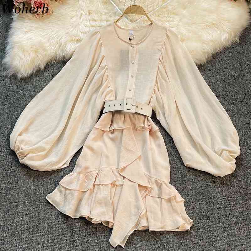 Korean Lantern Sleeve Women Dresses Irregular Ruffle Patchwork Vestidos Summer Robe Belt Slim Waist Sweet Mini Dress 210519
