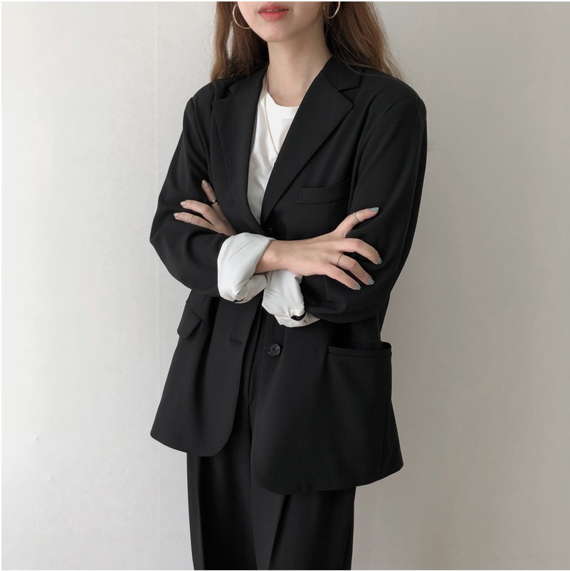 Korea Chic Spring Two-Piece Set Office Ladies Casual Blazers+High Waist Straight Long Trousers Women Fashion Pant Suits 210519