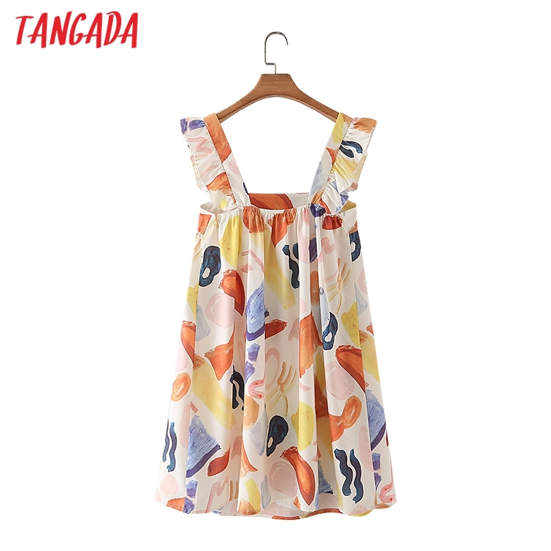 Summer Women Flowers Print Ruffles Sleeveless Ladies Mini Dress Vestidos 5X49 210416