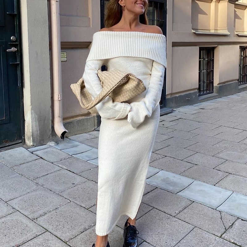 Vintage Women Elegant Off The Shouder Bomb Knitted Long Dresses Spring Fashion Ladies Slim Chic Dress Female Stylish 210527