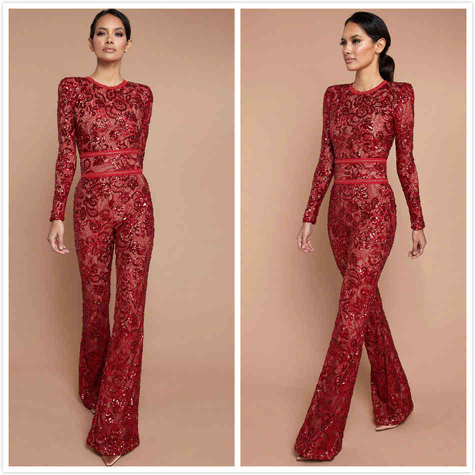 Free High Quality Women Red Sequin Jumpsuit O-neck Long Sleeve Belt Bodycon Elegant Club Party Flare 210524