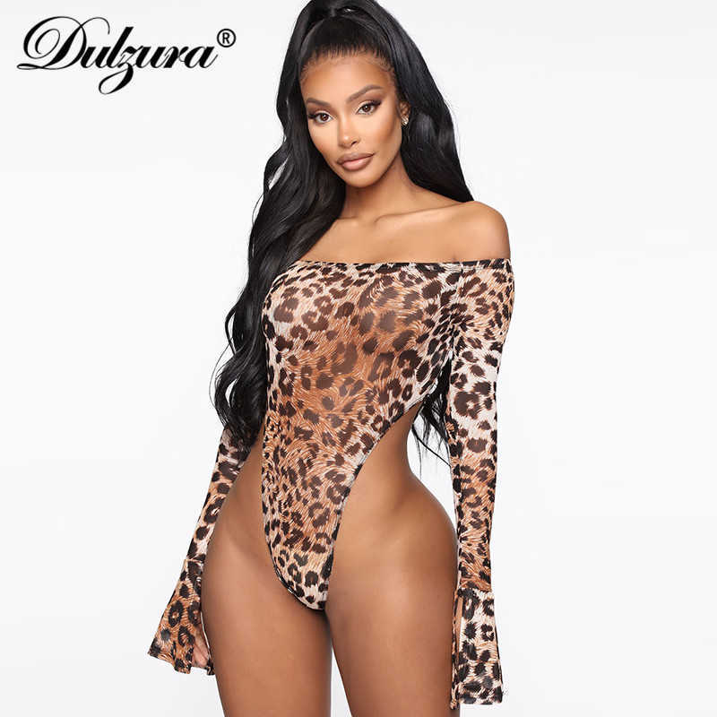 Dulzura leopard women two piece thong bodysuit leggings set long flare sleeve off shoulder elegant bodycon sexy streetwear club Y0625