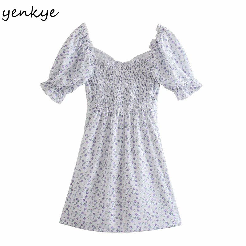 Fashion Women Sweet Floral Print Dress Female Sexy V Neck Short Sleeve Robe Femme A-line Mini Summer Holiday 210430