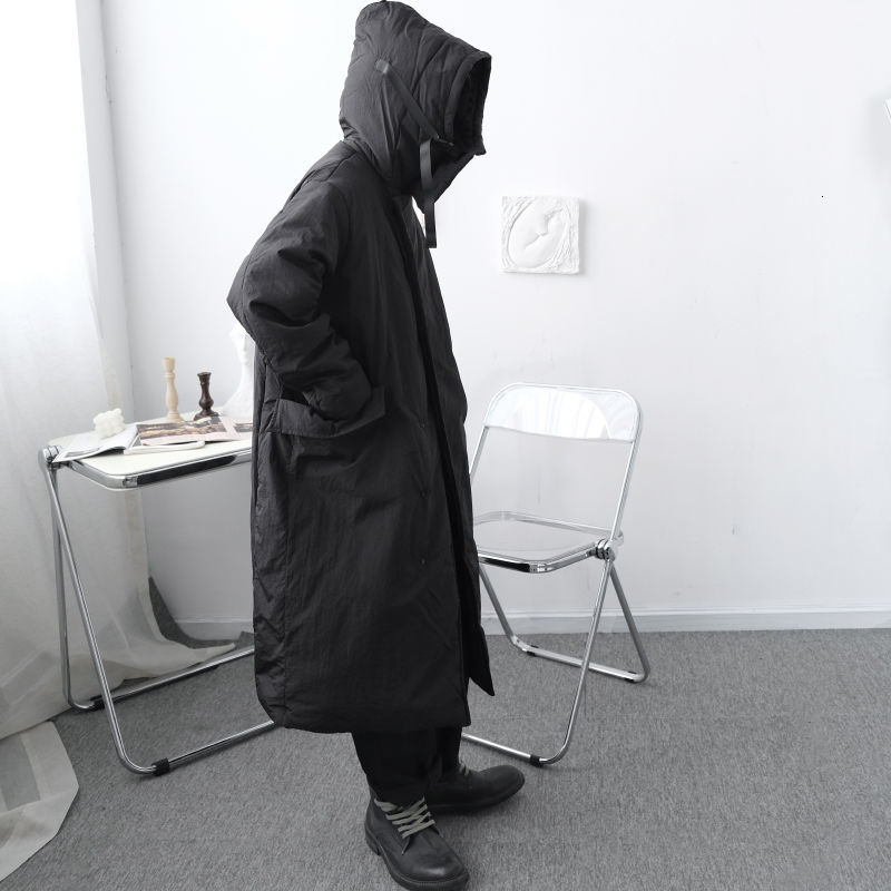 IEFB Men's black cotton padded jacket asymmetric Hooded winter long Coat loose casual oversize clothes zipper pockets 9Y4659 210524