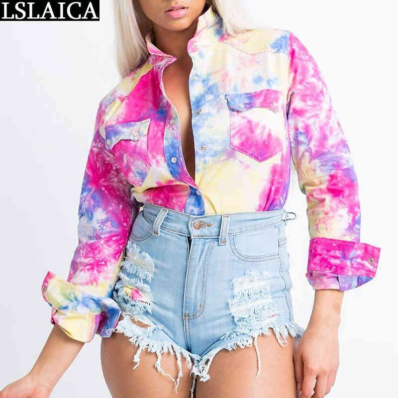 Printing Shirt Casual Style Fashion Streetwear Slim Women Shirts Blouses Turn-down Collar Pockets Button Roupas Femininas 210515