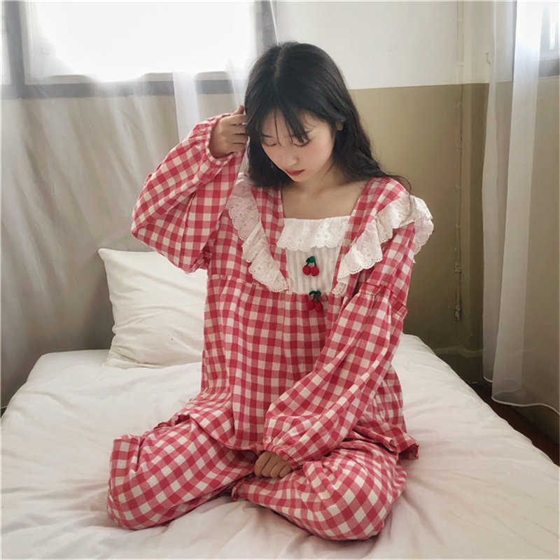 Alien Kitty Sweet Fashion Square Collar Princess Sleepwear Plaid Gentle Chic Women Loose Pajamas Suits Fresh Home Clothes 211007