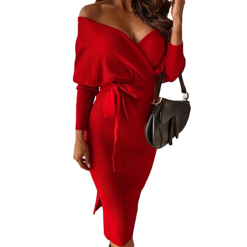 Casual Dresses Trendy Women Dress Hip Wrap Solid Color Knitted Non-shrink Lace-up, Red 
Casual Dresses Trendy Women Dress Hip Wrap Solid Color Knitted Non-shrink Lace-up, Red